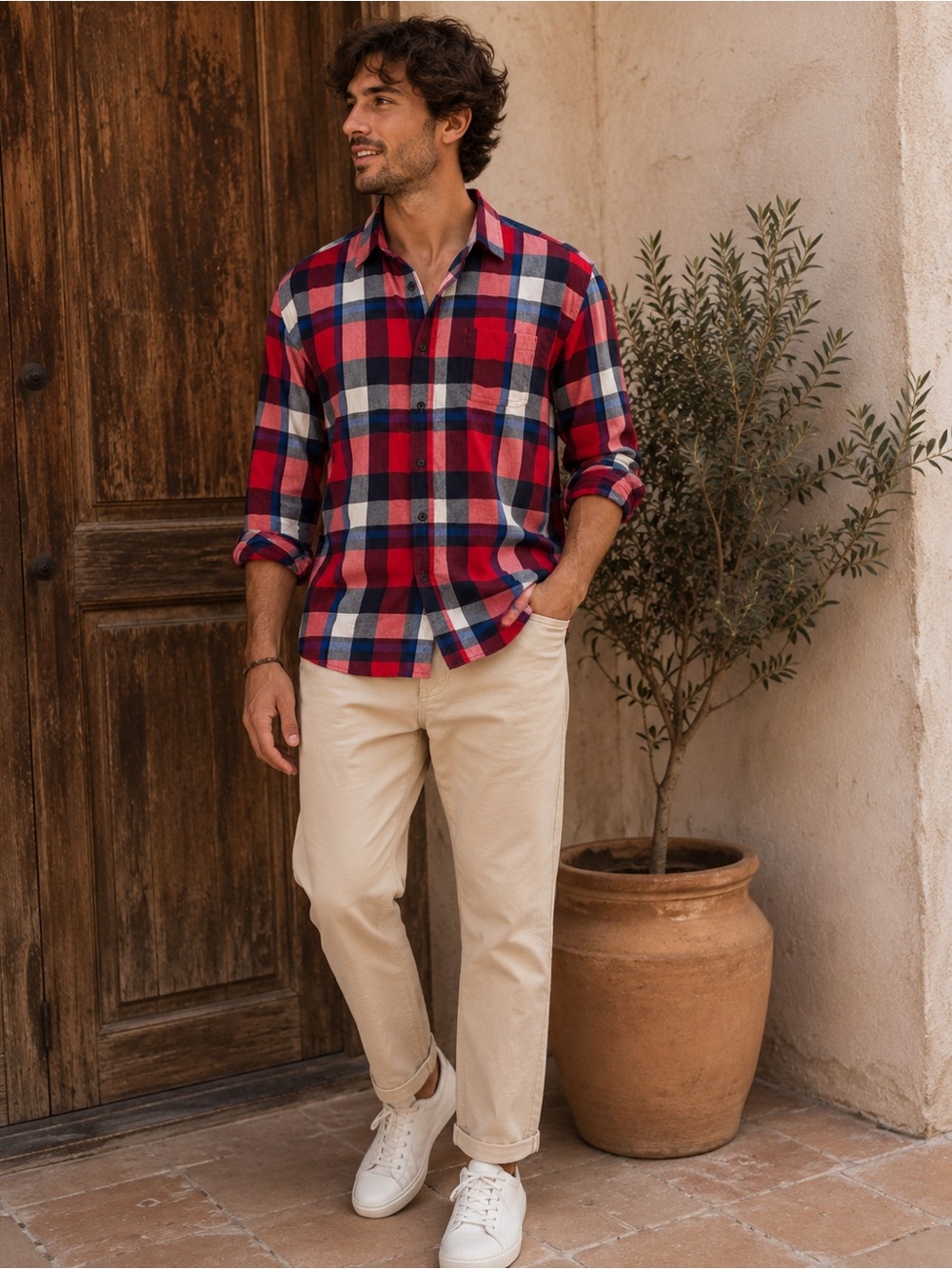 Aeropostale Red and Navy Plaid Men's Shirt